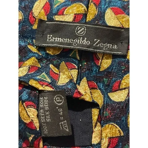 Ermenegildo Zegna Silk Tie Navy Blue Gold Red Abstract Geometric Pattern Z-7‎